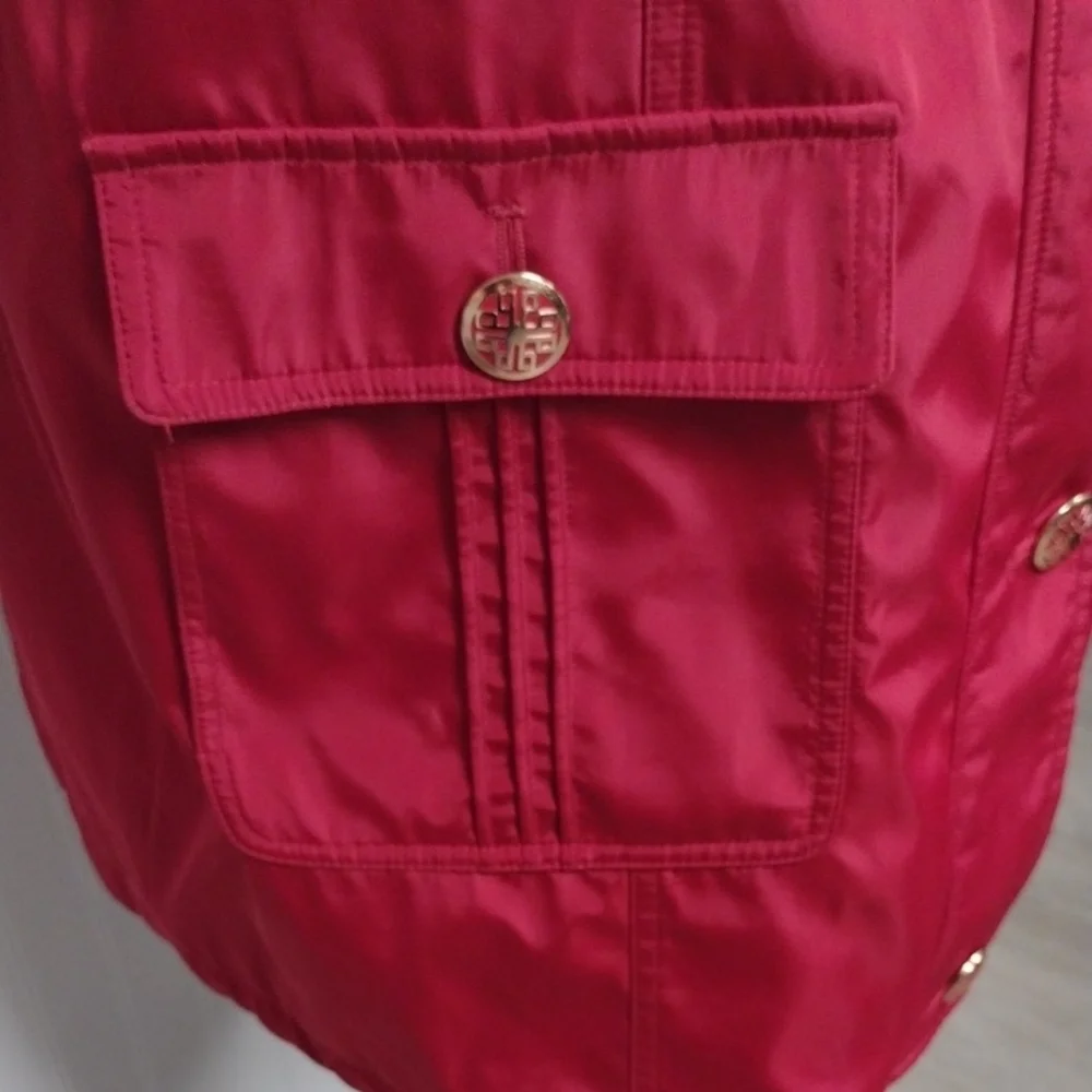 Dennis Basso Red Hooded Puffer Coat with Fur Trim - Picture 6 of 16